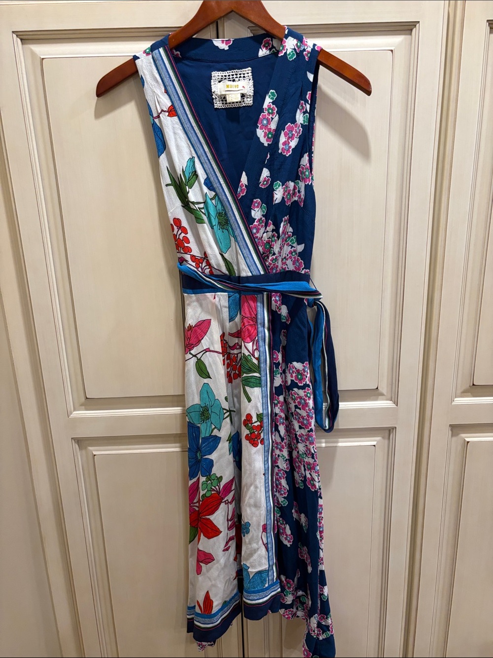 Maeve Navy Floral Wrap Dress with Pink and Green Accents